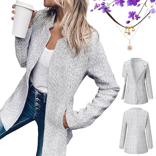 Datebacko Women's Solid Color Pocket Long Sleeve Open Front Coat, Slim Fit Stand Collar Twill Blazer Jacket