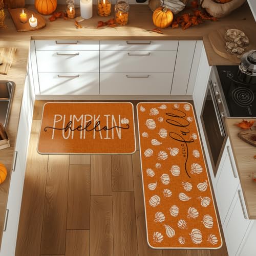 Artoid Mode Orange Hello Pumpkin Fall Kitchen Mats Set of 2-24x35+24x59 - Image 2