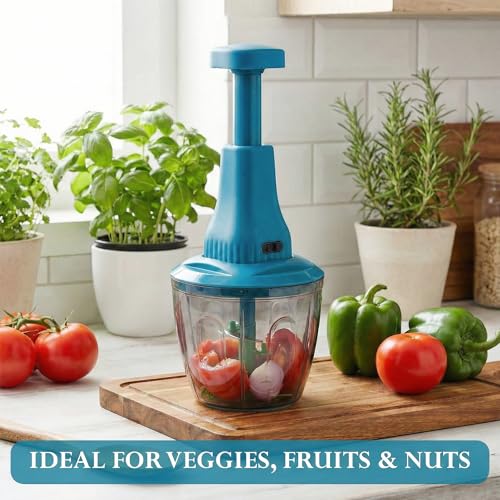 Image of Chopper for Kitchen Use | 1100 ml RoundPush Chopper with 5 Blades and Whisker| Chopping Vegetables & Fruits, Onion, Ginger, Garlic, Salad, Tomato, Potato (Blue)