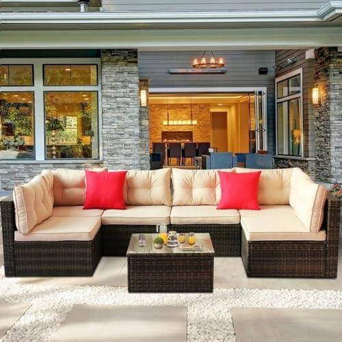 Image of 6 Seater Outdoor Rattan Patio Sofa Sets for Garden Furniture Outdoor Sofa with Glass Top Center Table Multiuse Sofa Set (Beige)