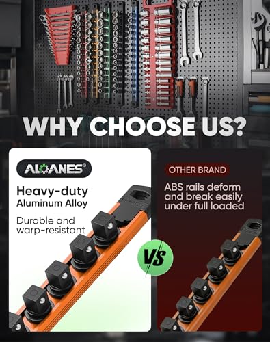 Image of ALOANES Magnetic Socket Organizer Set, 3 /8-Inch Drive Heavy Duty Aluminum Socket Rail Organizer, 360 Swivel Clips Socket Holder Kit for Toolbox Drawer Fit 3 /8-Inch x 14 Clips (Orange, 1PC)