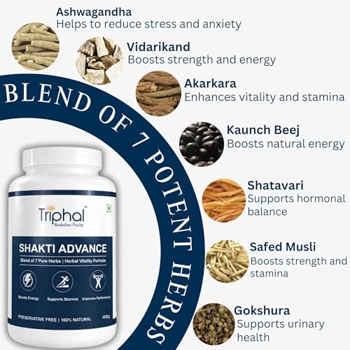 Image of TRIPHAL Shakti Advance - Herbal Male Vitality Powder - Premix of 7 Potent Ayurvedic Herbs - For Strength, Stamina and Endurance - Preservative Free Blend