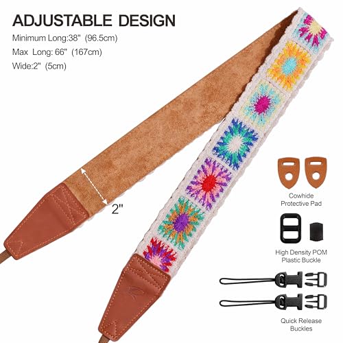 Image of Padwa Lifestyle White Crochet Camera Strap - 2 inch Full Grain Leather Ends Camera Straps for Photographers, Vintage Embroidered Cotton Soft Suede Fabric Padded Strap with Quick Release fits All Cameras