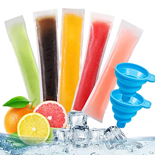 100 Pack DIY Disposable Ice Pop Bags Popsicle Molds Bags Mold Bags Homemade ice lolly Bags with Silicone Funnels Freeze Snacks Freezer Tubes (8x2")