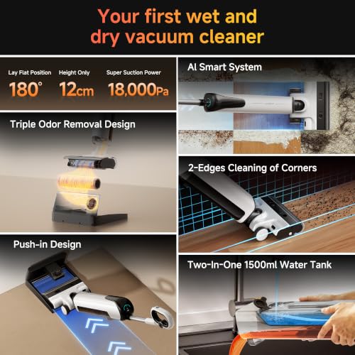 Image of uwant Wet Dry Vacuum Cleaner 180Lay-Flat Push-in Vacuum Mop All in One with 18000Pa Suction Auto Self-Cleaning Anti Odor Stick Dual-Edge Vacuum Cleaner Set of 1 for Hard Floor /Carpet D100