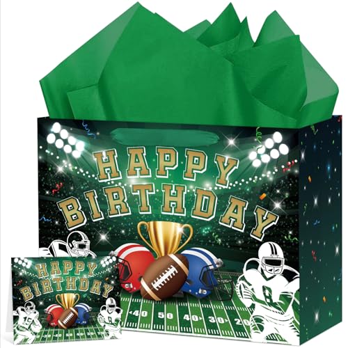 Abilat Large Football Birthday Gift Bag with Tissue Paper and Greeting Card Sports Themed Goodie Treat Bags for Kids Boys Birthday Game Day Tailgate Party Supplies