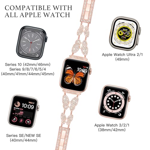 Image of Butterfly Band for Apple Watch Bands 44mm 45mm 46mm Rose Gold | Series 11 10 9 8 7 6 5 4 3 iWatch SE Ultra Band for Women, Slim Thin Metal Fancy Bling Cute Dressy Strap for Apple Watch Band