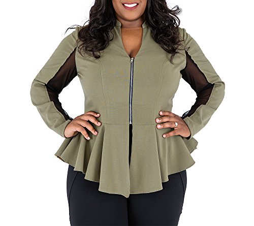 Poetic Justice Plus Size Curvy Women's Olive Peplum Jacket Sheer Panel Sleeves