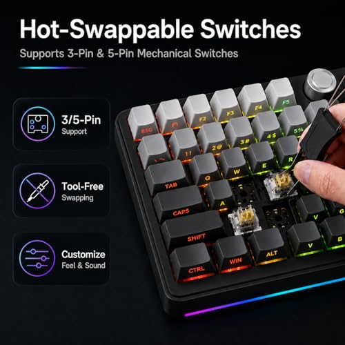 Image of AOC GK330 Gaming Keyboard, Hot Swappable Wireless Mechanical Keyboard Support BT /2.4GHz /USB-C, RGB Backlit, Pre-lubed Reaper Switches, Anti-ghosting, 75% Gasket Custom Keyboard with Five-Layer Padding