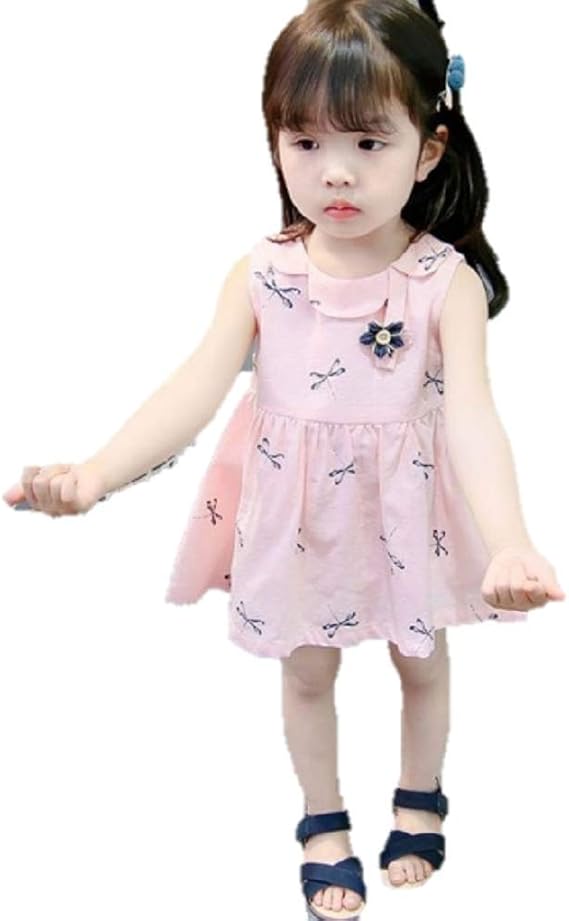 Amazon 子供服 女の子 ワンピース キッズ かわいい 丸襟 ノースリーブ トンボ柄 プリントワンピース 韓国 春 夏 春服 夏服 ワンピース チュニック 通販