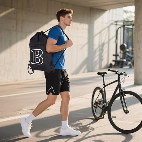 Image of HOLYLUCK Drawstring Bags Initial Backpack Sackpack Cinch Bags for Sports, Gym, Travel, Beach(Black-B)