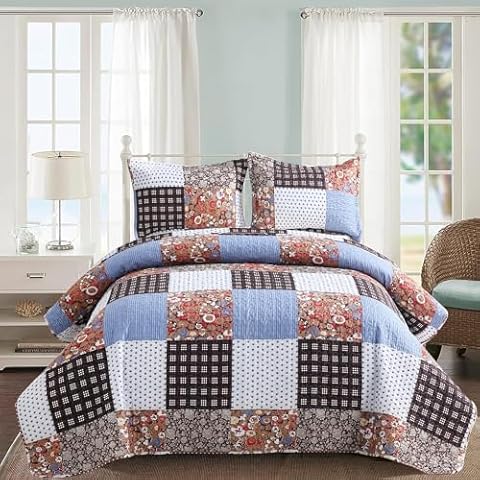 Kindred Home Quilt Sets Queen-Size Boho Bedding - 3-Piece Bedspread Lightweight Soft Microfiber Multicolor Checkered Patchwork Pattern Coverlet Set for All Season Cover
