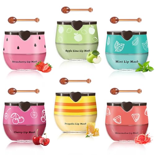 6 Pcs Bee Lip Balm Honey Pot Propolis Lip Mask Overnight Repair & Daily Hydration Moisturizing Sleeping Lip Balm for Dry & Cracked Lips Reduce Lip Lines