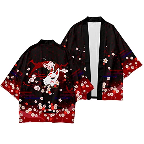 Image of DOSLAVIDA Men's Japanese Kimono Jacket Set Stylish Open Front Coat With Shorts Chinese Style Printed Cardigan Suit