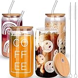 KAUND 4 PCS Ice Coffee Cup with Bamboo Lids and Glass Straw,16oz Sublimation Boho Printed Beer Can G