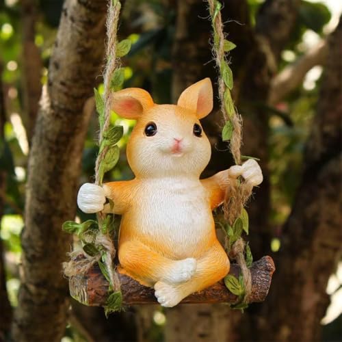 Image of HASTHIP Lovely Rabbit Car Ornament, Resin Rabbit on Swing Hanging Room Decor, Small Cute Bunny Figure Ornament with Hemp Rope, 10x13cm, 35cm Rope
