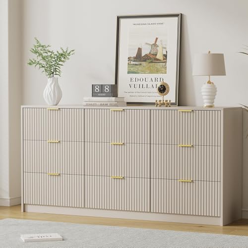Image of Furniway 3 Piece Bedroom Set, 9 Drawer Dresser and Nightstand Set of 2 with Gold Handles, Modern Wood Chest of Drawers Storage Cabinet for Bedroom, Beige