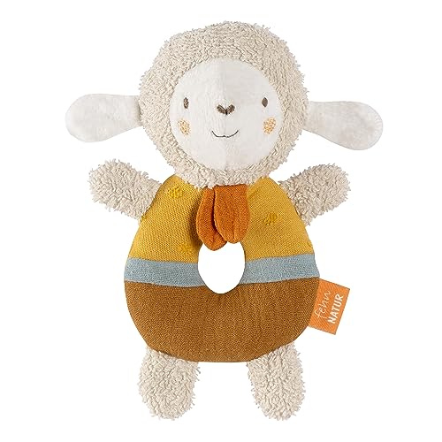 Fehn Baby Anneau de préhension Mouton - Doudou en coton issu de l'agriculture biologique - Jouet pour bébé avec hochet pour apprendre en s'amusant - pour bébés & jeunes enfants à partir de 0+ mois