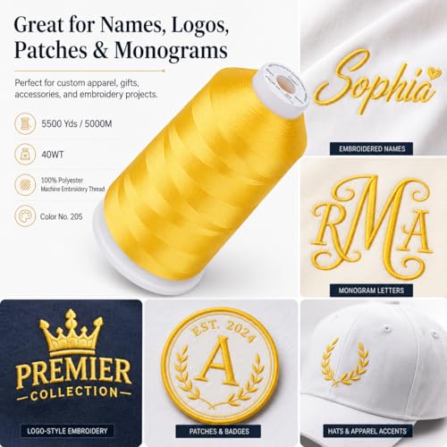 Image of Simthread Embroidery Thread 5500 Yards Harvest Gold 206, 40wt Polyester for Brother, Babylock, Janome, Singer, Pfaff, Husqvarna, Bernina Machine | 5000M 40WT polyester thread feeds smoothly for home or commercial embroidery projects.