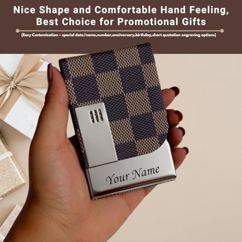 Image of Mini2buy Customized Unisex Vertical Card Holder Name Engraved for Credit|Debit|ATM|Business Visiting RFID Blocking Stainless Steel (1 x 10 x 6 cm) Personal Corporate Gift (LV Brown)