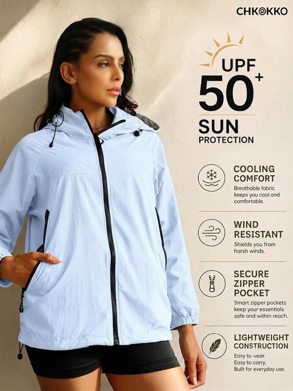 Image of CHKOKKO Sunscreen Jacket For Women With Hood Upf 50+ UV Tan Sun Protection | Wind Proof Lightweight Breathable Quick-dry Water-repellent Fabric | For Gym Sports Running Biking And Dailywear
