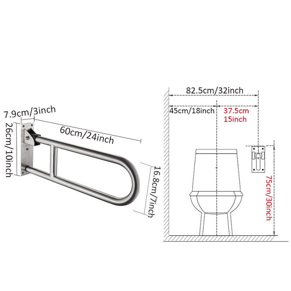 Barra de seguridad plegable para baño, barra de agarre para inodoro con agarre antideslizante, mango en forma de U de acero inoxidable, acabado mate, para ancianos/minusvalidos (60 cm)