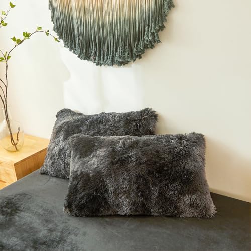 Fluffy Faux Fur Tie Dye Black Comforter Cover Twin Set – Plush Fluffy Tie Dye Black Bedding 2-Piece Set (1 Furry Duvet Cover + 1 Shaggy Pillow Sham) Cozy Bed Set