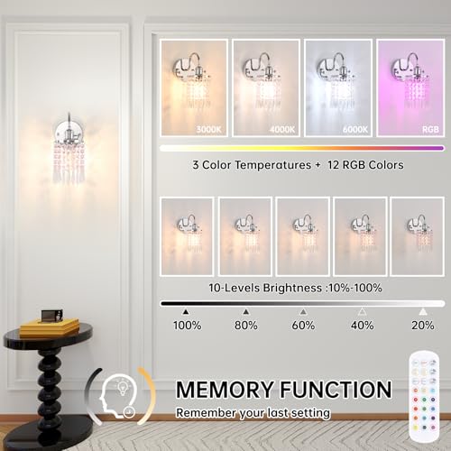 Image of Shenmoyl Set of 2 Crystal Battery Operated Wall Sconce, Rechargeable Battery Powered Wall Lamp with Remote Control, Modern Dimmable Wall Lights for Bedroom Bathroom(Pink, Silver Base)