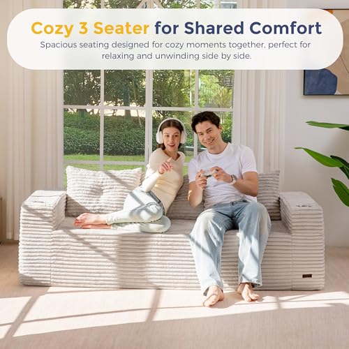 Image of MAXYOYO 79 inch Oversized Boneless Loveseat Sofa Couch for Small Spaces, Mini Love Seat Floor Couch with Cup Holders and Pillows, 3-Seater Upholstered Cloud Couch for Bedroom, No Assembly Required