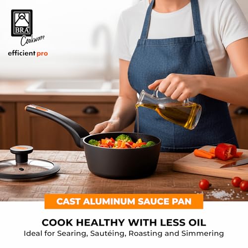 Image of BRA COOKWARE Efficient Pro Nonstick Saucepan w /Lid | 6.3 Inch 1.13 Quart Shallow Pot | 3-Layer Scratch Resistant Coating | PFOA Free Low Pot | All Cooktops Soup Pan | Ergonomic Heat-Resitant Handles