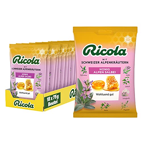 Ricola Honig Alpen Salbei, Schweizer Kräuterbonbon, 18 x 75g Beutel, Wohltuend für Hals und Stimme Cover