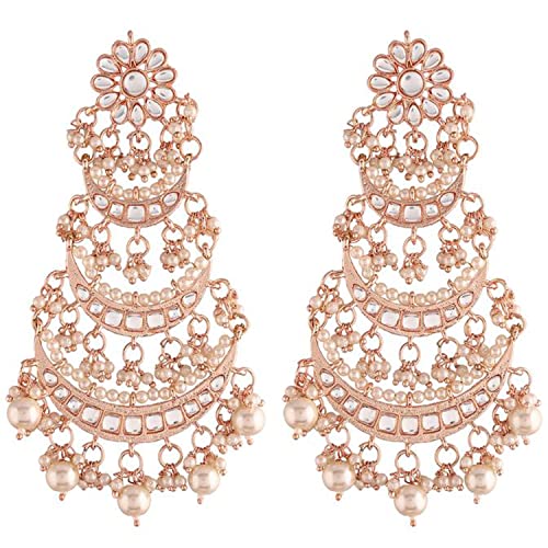 Aheli Gold Plated Long Chandbali Copper White Dangle Earrings Glided with Kundan & Pearls Gift for Women