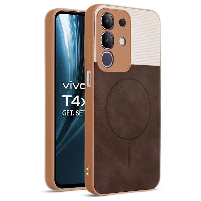 Image of Bintage case Dual-Leather Macc-Safe Design Phone Case| Soft Touch Finish | Full Camera Protectection Back Cover Compatible for iQOO I2404 / Z10x 5G - White & Choco Brown