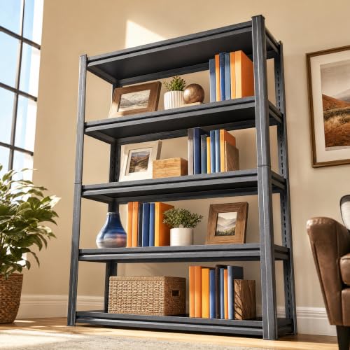 Image of 5 Tier Bookshelf Black Metal Book Shelf, Industrial Shelving Unit Storage Rack for Living Room Bedroom Office Kitchen, Heavy Duty Steel Bookcase Shelves Organizer for Books Plants Decor, Free Standing