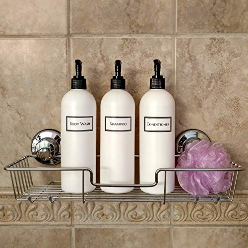 Silkscreened Empty Shower Bottle Set for Shampoo, Conditioner, and Body Wash, Cosmo/Bullet 16 oz 3-pack, White (Black Pumps)3