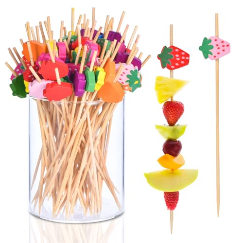 JtmyAota 100 Pack Fruit Toothpicks, Bamboo Cocktail Picks, Natural Bamboo Toothpicks for Appetizers Fruit Cake Dessert Barbecue Snacks Sandwiches (Strawberry)