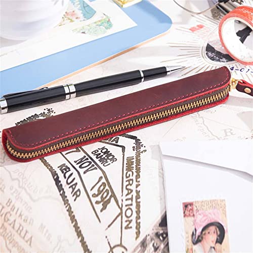 Image of Retro Crazy Horse Genuine Leather Stationery Pencil Case Storage Bag Casual Stationery Box (Red)