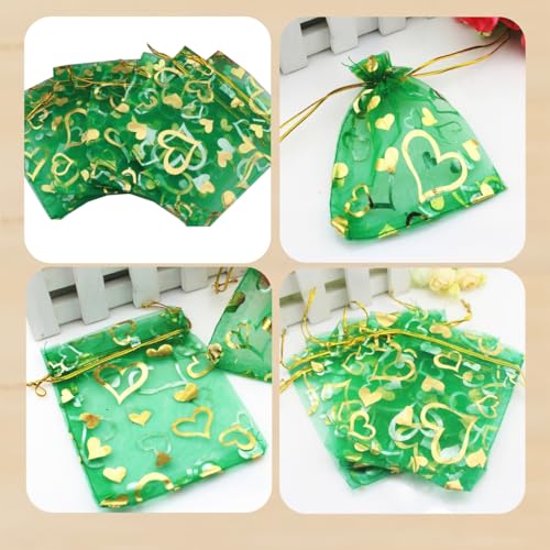 Image of QIANHAILIZZ 100 pcs 3.5 x 4.7 Inch Flower Heart Organza Jewelry Gift Pouch Candy Pouch Drawstring Wedding Favor Bags X92 (green gold heart)