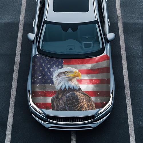Image of Eagle and Flag Car Hood Cover Patriotic Stretch Car Hood Cover Protector for Car Hood Removable Automotive Accessories for Most Automotive Sedans Trucks Pickup SUVs