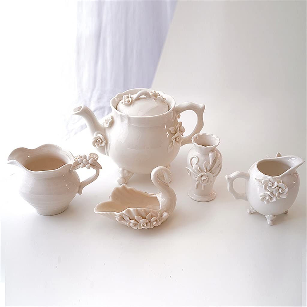 Beżowy zestaw do herbaty ozdoba kwiatowa ceramiczny czajniczek mlecznik do mleka kubek do herbaty zestaw do herbaty podwieczorek (C jak na zdjęciu)