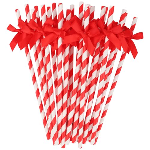 24 Packs Red Bow Biodegradable Striped Paper Straws Red and White Disposable Drinking Straws for Birthday Carnival Summer Pool Party Wedding Baby Shower Halloween Christmas Party Decoration Supplie