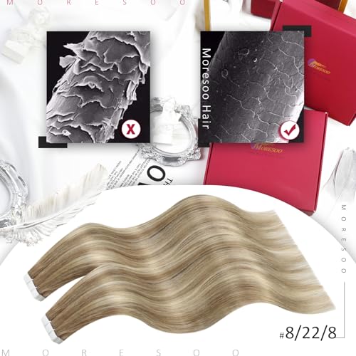 Moresoo Tape in Hair Extensions Human Hair 16 Inch Balayage Blonde Human Hair Tape in Extensions Light Brown with Medium Blonde Real Hair Extensions Tape in 20Pcs/50G #8/22/8 - Image 2