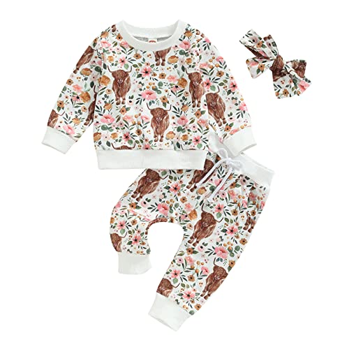 Image of 3Pcs Baby Girl Outfits Daisy Sweatshirt + Pants + Headband Infant Fall Winter Clothes