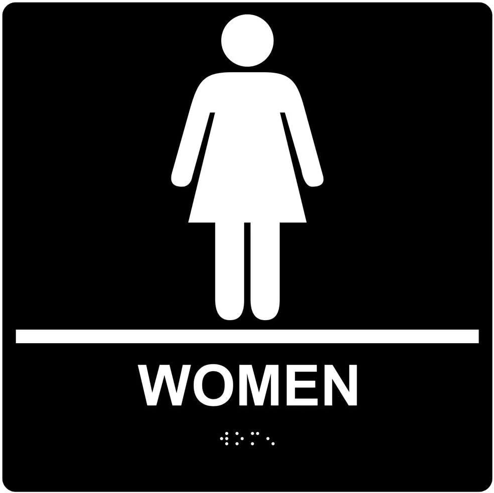 ComplianceSigns.com Women Restroom Sign, ADA-Compliant Braille and Raised Letters, 9x9 in. White on Black Acrylic with Adhesive Mounting Strips
