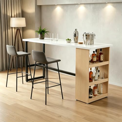 XHDZSM Solid Wood Bar Table with Storage Shelves, Kitchen Table Bar Cabinet, 1' Thick Counter Height Pub Table, Wrought Iron Legs, Tall Narrow Long Snack Breakfast Table for Dining, Living Room