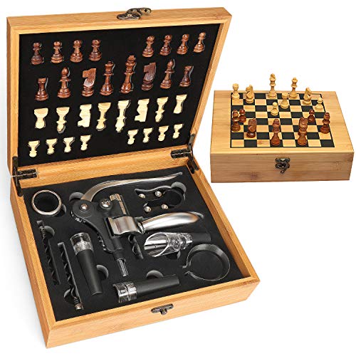 Yobansa Accesorios para Vino Set de Regalo, abridor de Vino, Incluye sacacorchos de Vino de Conejo, Tapones de Vino vertedor de Vino, Juego de ajedrez de Madera (0D)
