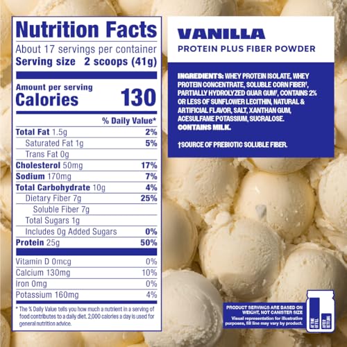 Image of Premier Protein Powder Plus Fiber, Vanilla, 25g Protein, 7g Fiber to Support Gut Health, No Added Sugar (17 Servings)