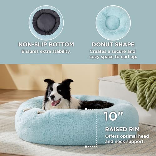 Image of Bedsure Calming Dog Bed for Large Dogs - Donut Washable Large Pet Bed, 36 inches Anti-Slip Round Fluffy Plush Faux Fur Dog Bed, Fits up to 80 lbs Pets, Aqua Blue