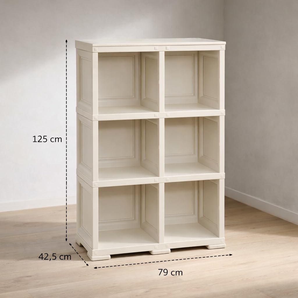 Scaffale Modulare a Vista Senza Ante – Libreria Multiuso in Plastica con 6 Scomparti per Zona Living, Studio e Organizzazione Casa (Angora, 79 x 42.5 x 125 cm)