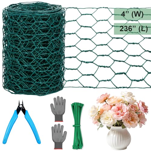Image of Floral Chicken Mesh for Craft, 4 x 236 Inch Galvanized Hexagonal Netting Roll, Lightweight Garden Poultry Fence for Coop & Rabbit, Metal Mesh Kit with Gloves, Ties and Plier